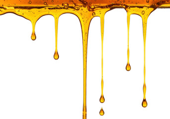 Golden honey dripping isolated PNG, sweet liquid flowing down on transparent background, natural...