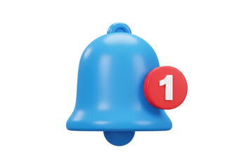 Blue notification bell with number one isolated PNG, alert reminder icon for social media and app interface design on transparent background