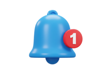 Blue notification bell with number one isolated PNG, alert reminder icon for social media and app interface design on transparent background