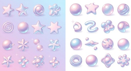 Big Vector Set of Y2K Design Elements, Trendy Abstract Minimalist Stars, Flowers, and Circles in Futuristic Chrome Gradient Aesthetic for Retro 2000s Style Posters and Digital Art