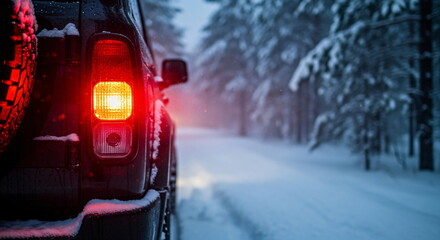 Car with brake light on a snowy road in a winter forest, cold weather travel and holiday season concept footage.