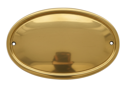 Gold oval nameplate PNG isolated on transparent background, blank metal plaque for engraving and labeling purposes, shiny brass surface
