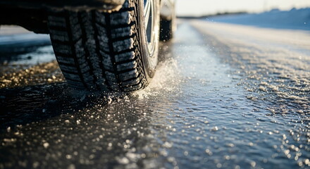 Car tire with winter tread on a slippery icy road. Safety in cold weather driving and risk of accident on frozen surface. Changing to winter tires, changing the year.
