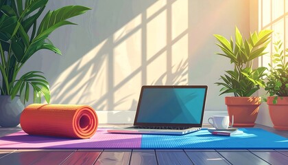 Home Yoga and Wellness Setup with Laptop and Plants.