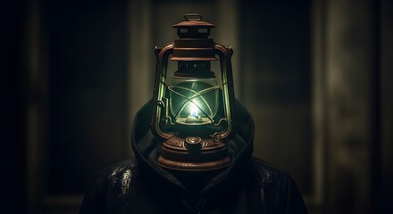 Mysterious figure illuminated by an antique oil lantern casting an eerie glow in a dark, atmospheric setting, evoking suspense and history.