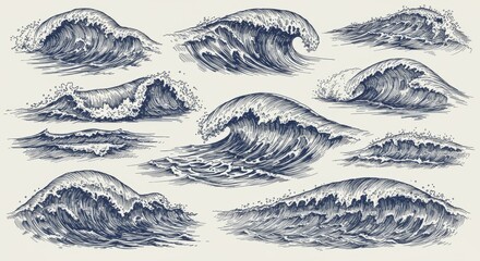 Sea Waves Sketch Vector Set, Hand-Drawn Ocean Storm Waves, Vintage Tides, and Beach Surf Illustrations for Nautical Art, Retro Prints, and Marine Design Elements