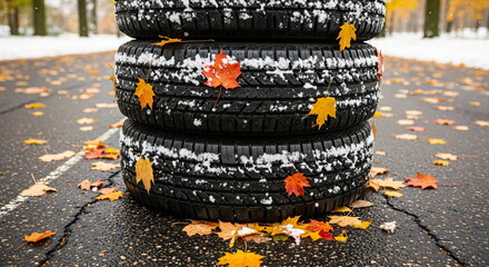 Car tire with snow and autumn leaves. Winter season coming soon concept. Weather changing from fall to cold.