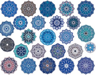 A collection of intricately designed, geometric, star-shaped ornaments