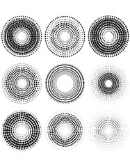 A collection of nine concentric, textured circles in various dot patterns
