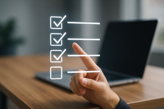 Hand Engaging with Virtual Checklist on Modern Desk with Laptop in Background for Productivity and Organization - Powered by Adobe