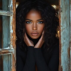 Fototapeta premium A young woman with curly hair poses elegantly in a vintage window
