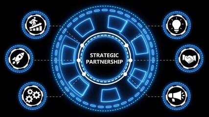 Animated neon interface depicting strategic partnership and business collaboration concepts