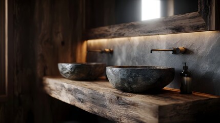 Rustic wooden vanity with double stone basins and warm accent lighting