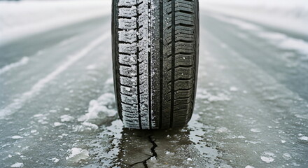 Car tire with snow on icy road on cold winter day. Winter driving concept with vehicle wheel on frozen surface footage.