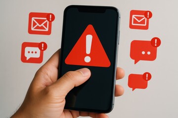 User Holding Phone with Alert Notifications and Warning Symbols Indicating Urgent Messages and Communication Issues