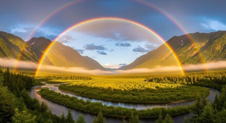 Obraz premium Majestic double rainbow arcs over a serene river valley at sunset