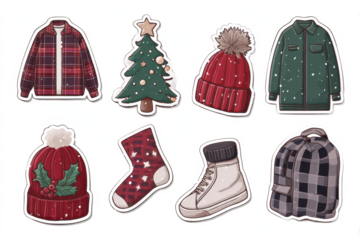 Set of winter clothing and accessories including a Christmas tree and backpack vector illustration for seasonal designs and holiday promotions