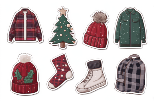 Set of winter clothing and accessories including a Christmas tree and backpack vector illustration for seasonal designs and holiday promotions