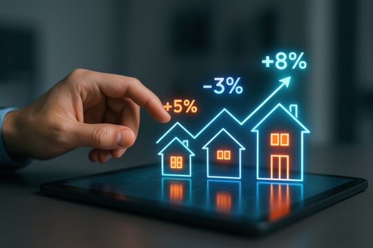 Hand Touching Digital Tablet with Graph Showing Housing Market Trends and Property Value Changes Over Time