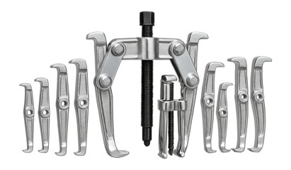 Versatile multi-piece bearing puller kit with assorted jaw sizes.