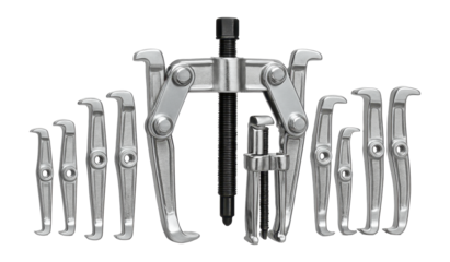 Versatile multi-piece bearing puller kit with assorted jaw sizes.
