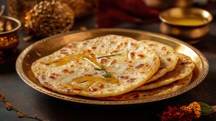 Maharashtrian puran poli on brass plate, ghee drizzle, festive home background