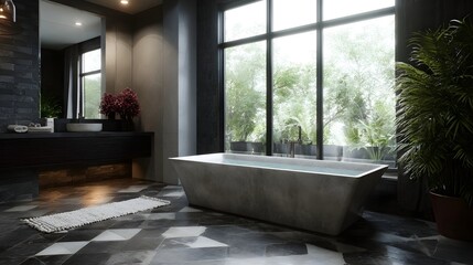 Modern luxury bathroom with freestanding bathtub and large overlooking greenery