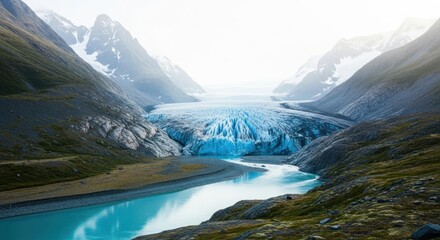 Fototapeta premium Stunning Blue Glacier and River Flowing Through a Mountain Valley Landscape