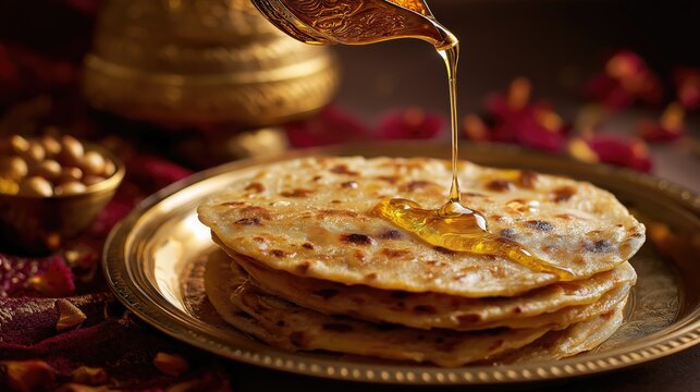 Maharashtrian puran poli on brass plate, ghee drizzle, festive home background
