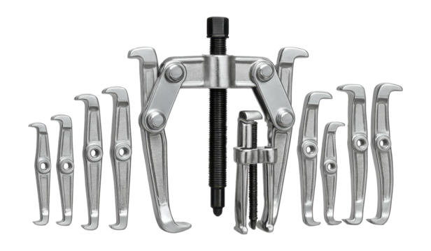 Versatile multi-piece bearing puller kit with assorted jaw sizes.