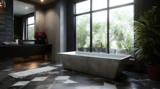 Modern luxury bathroom with freestanding bathtub and large overlooking greenery