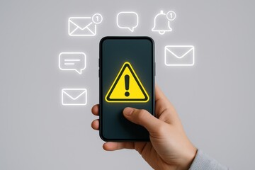 Warning Alert on Smartphone Screen with Notifications and Message Icons in Minimalist Gray Background
