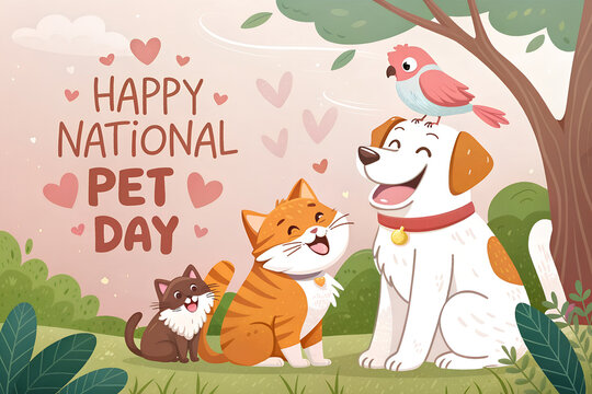 Cheerful Cartoon Illustration of a Dog, Two Cats, and a Bird Celebrating Happy National Pet Day in a Sunny Park


