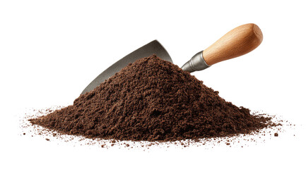 Pile of dark brown soil with a metal trowel