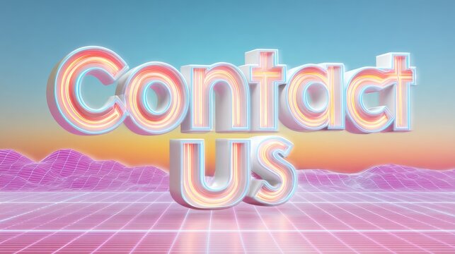Retro futuristic contact us text in neon chrome style above glowing grid landscape at sunrise