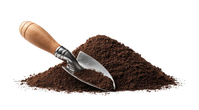 A pile of dark brown soil with a trowel
