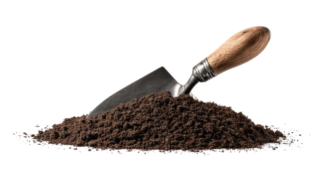 Shovel resting in a pile of dark soil