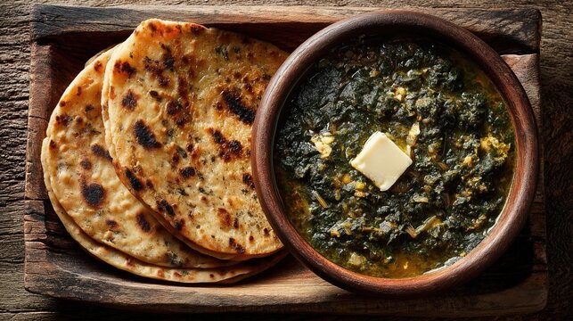 Punjabi sarson da saag with makki di roti, white butter, rustic farmhouse setting