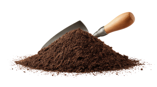 Pile of dark brown soil with a metal trowel