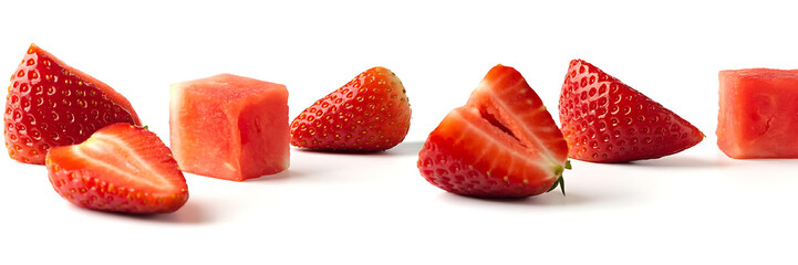 Set of cut strawberry pieces isolated on white background. Chopped strawberry close up. Collection of small pieces of fresh strawberries on white.