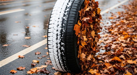 Car tire with snow and autumn leaves. Winter season coming soon concept. Weather changing from fall to cold.