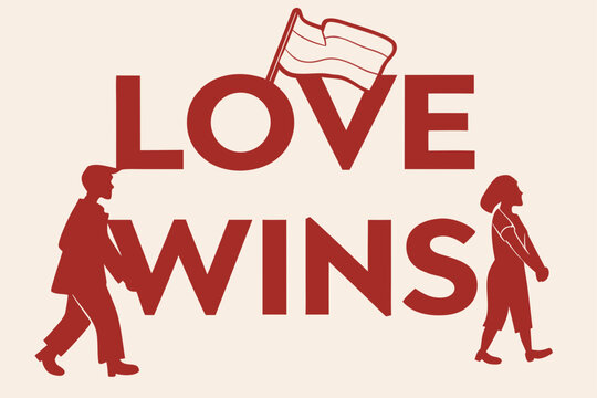 “Love Wins” bold sans-serif with red gradient fill
 - Powered by Adobe