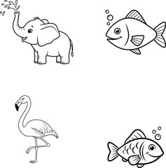 Cute cartoon animals elephant flamingo and fish for coloring