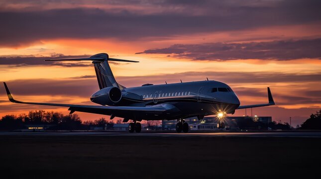 Luxury private jet ready for takeoff against a stunning sunset sky, promising exclusive travel and high-end transportation for discerning clients