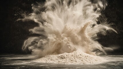 Flour cloud burst explosive white powder dispersion from flour pile dramatic particle motion frozen in time culinary ingredient photography dark kitchen surface