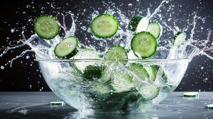 Cucumber water splash slices create dramatic waves transparent bowl overlapping patterns airborne droplets kinetic energy fresh ingredient motion culinary photography