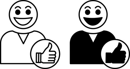 Satisfaction Icons. Black and White Vector Illustrations. Smiling Person and Like. Thumbs Up. Feedback Concept