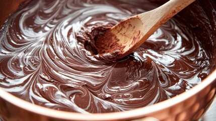 Mixing bowl swirl wooden spoon chocolate batter rich marbled patterns dark cocoa cream blend mid-motion culinary action kitchen preparation