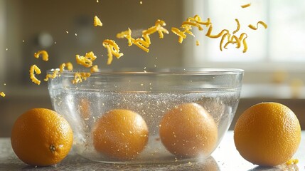 Orange zest scatter spiraling above glass bowl with whole oranges on marble surface dynamic culinary motion food preparation