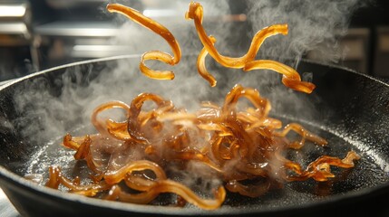 Onion falling motion strips captured in mid-air descent onto cast iron pan with dramatic steam atmospheric depth and kitchen action photography